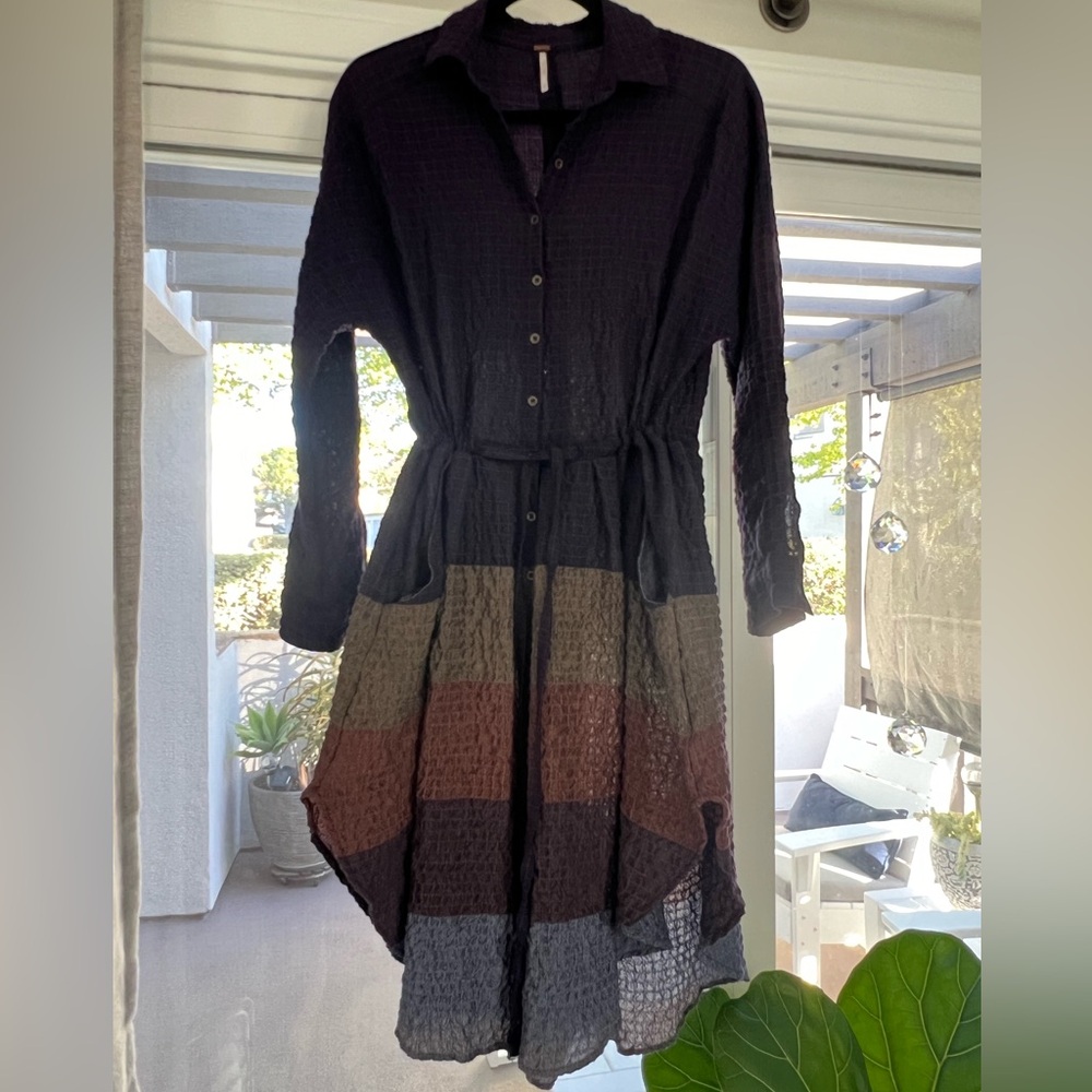 Free People Ray of Light button-down waffle knit shirt dress. SIZE XS.